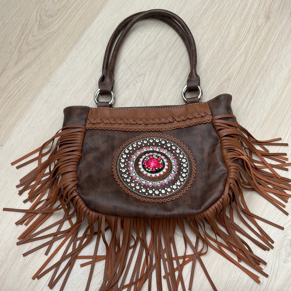 Montan West Brown Fringe leather Embellished Handbag